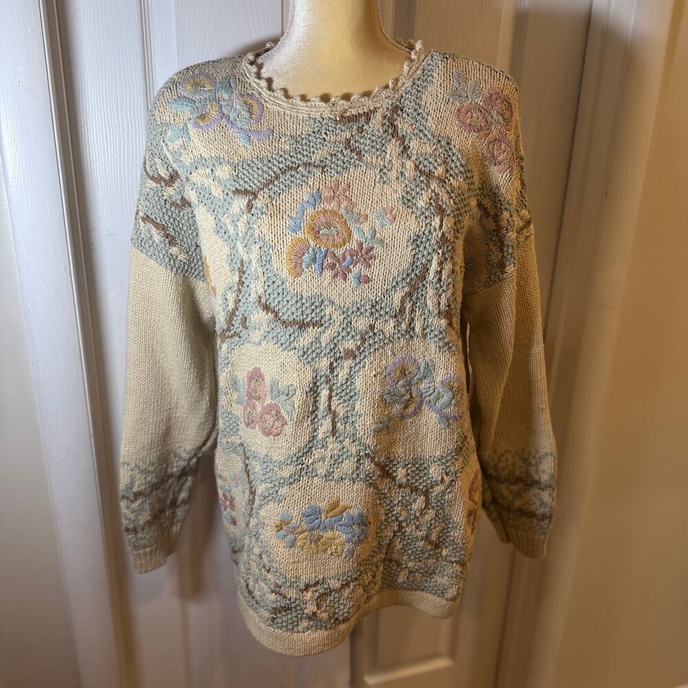 Vintage Heirloom Collectibles Tan Floral Grandma Sweater Shoulder Pads Size L - Picture 1 of 9